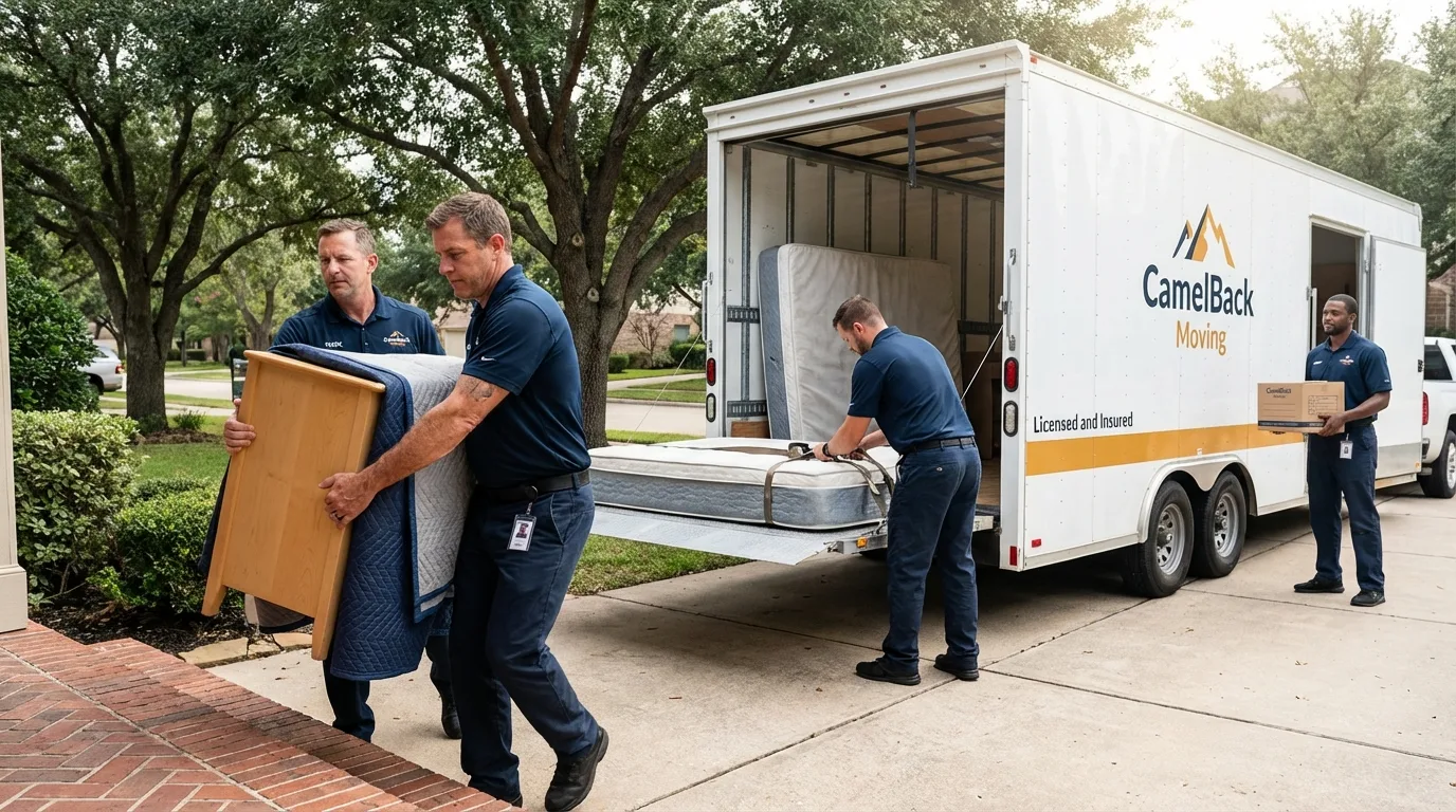 Crew loading residential truck for cross-state move from Nice, CA