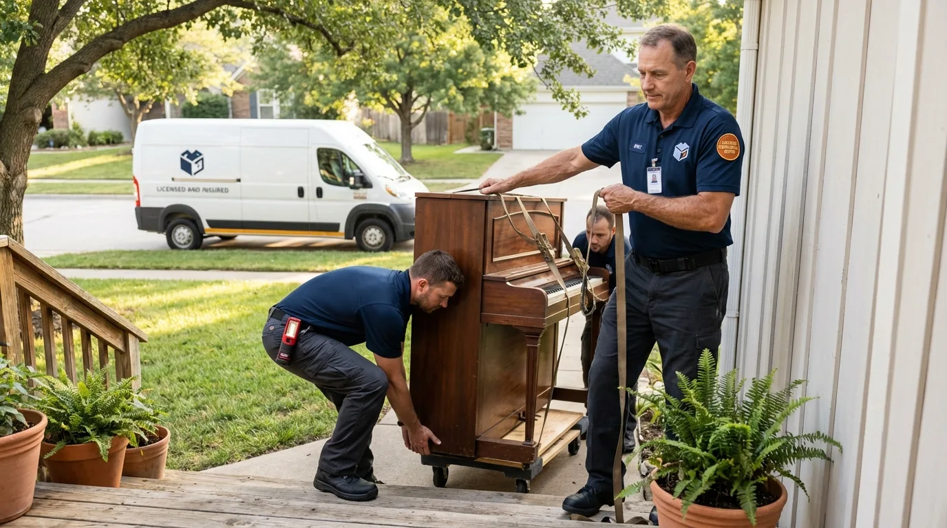 Licensed piano movers securing grand piano in Nice, CA