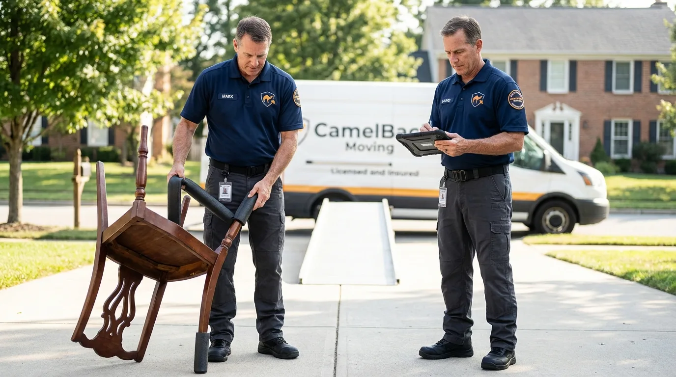 Movers inspecting furniture for damage prevention before loading in Nice, CA