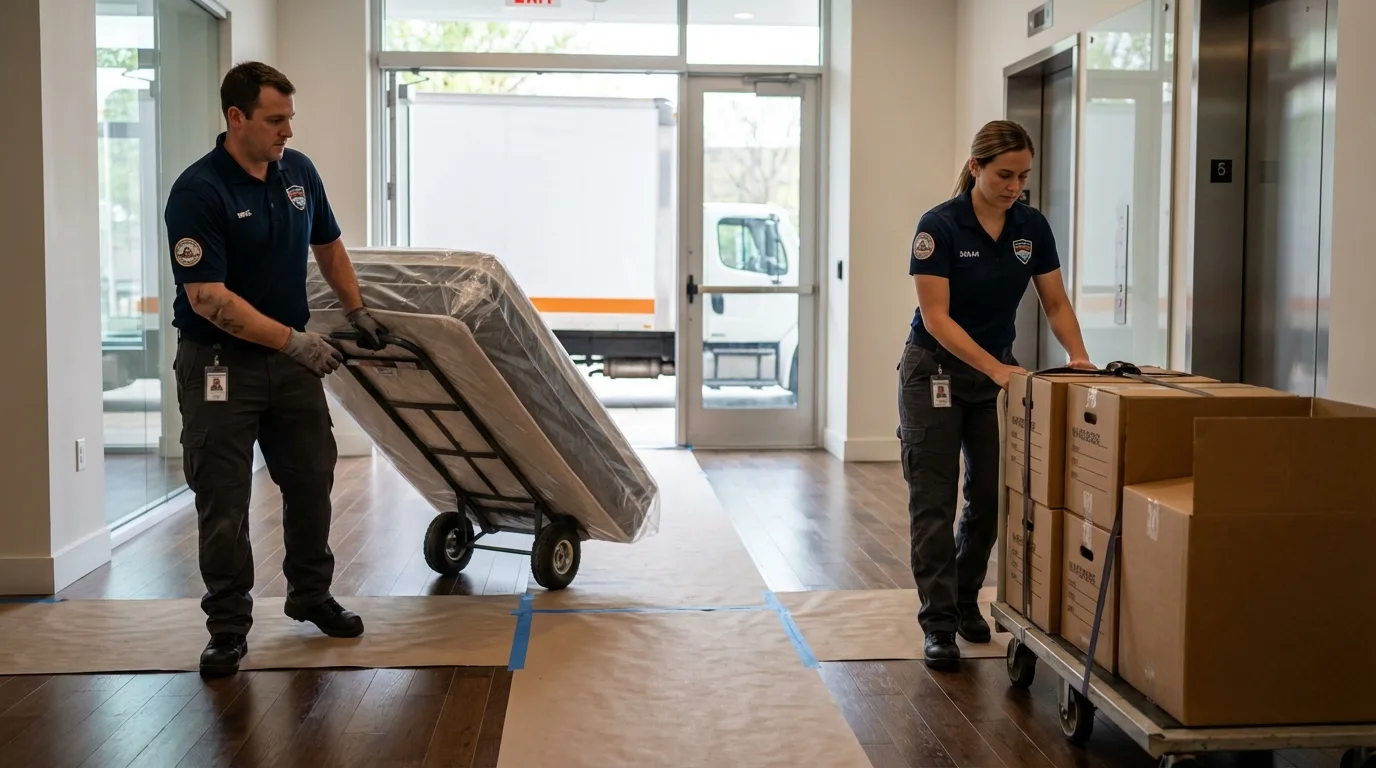 Professional apartment movers loading elevator in Nice, CA
