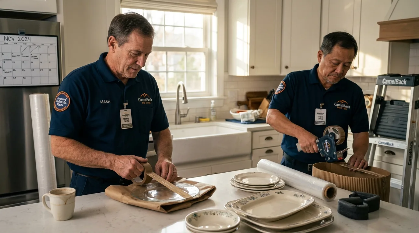 Professional crew packing kitchen dishware in Nice, CA